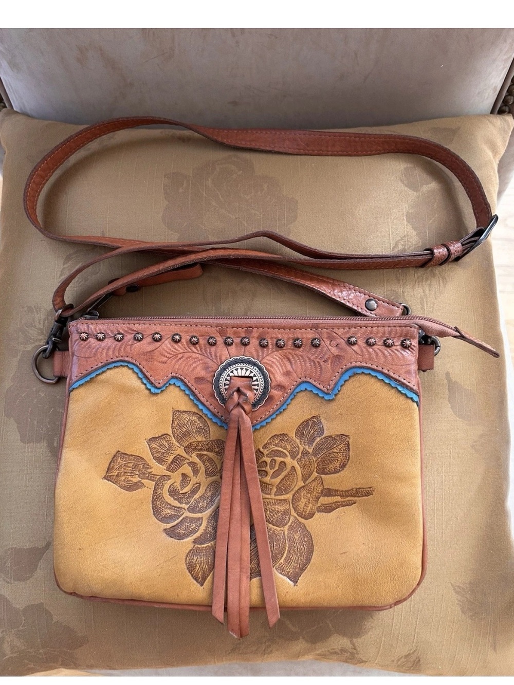 American West Texas Rose Concho Embossed Leather Adjustable Strap Crossbody Bag